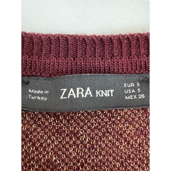 Zara Knit Jacquard V Neck Sweater Geometric Chevron Burgundy Gold S 70s Retro - Picture 6 of 10